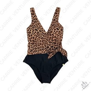 NEW Summersalt Perfect Wrap Leopard Print One Piece Swimsuit Black Tie Front 8